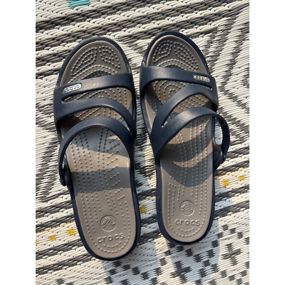 Crocs Patricia Wedge Sandals Navy Blue Grey Strappy Slip On Womens 6 - Picture 2 of 9